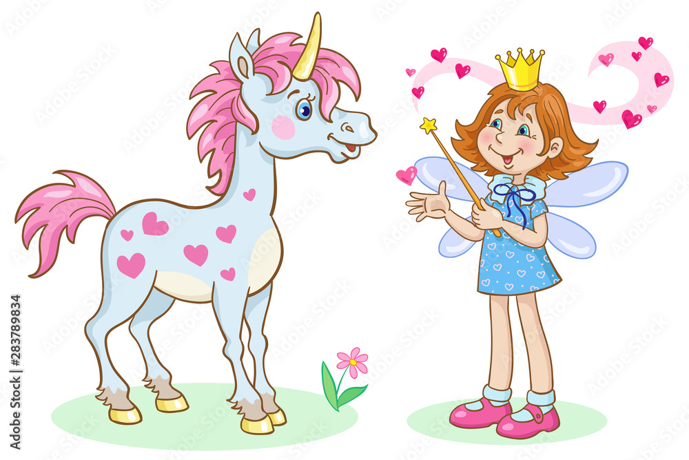 Unicorn and little cute fairy with a magic wand. In cartoon style. Isolated on white background. Unicorn and little cute fairy with a magic wand. In cartoon style. Isolated on white background.