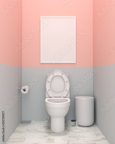 Blank photo frame for mockup and water closet in toilet, 3D rendering