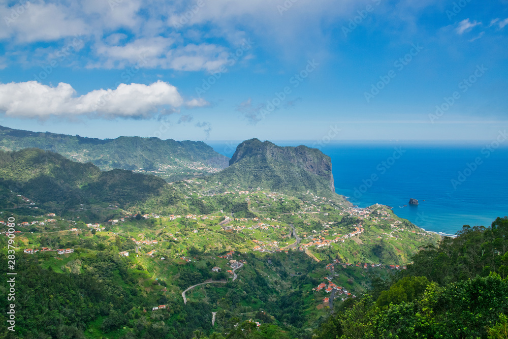 Viewpoint Portela, view to Atlantic ocean in summer sunny day near Machico and Porto da Cruz, Madeira island, Portugal