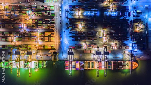 4K Time lapse Night of modern industrial port with containers from top view or aerial view. It is an import and export cargo port where is a part of shipping dock and export products worldwide photo