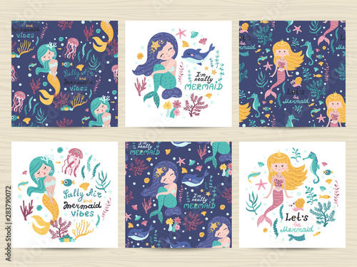 Set of seamless patterns and cards with cute mermaid