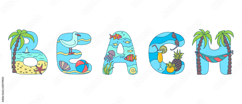 The word BEACH from bright letters, summer vacation at sea The word BEACH from bright letters, summer vacation at sea