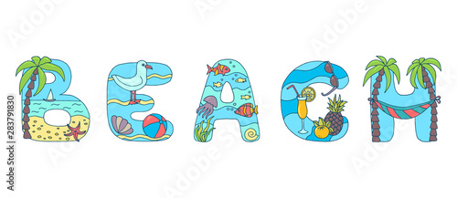 The word BEACH from bright letters, summer vacation at sea