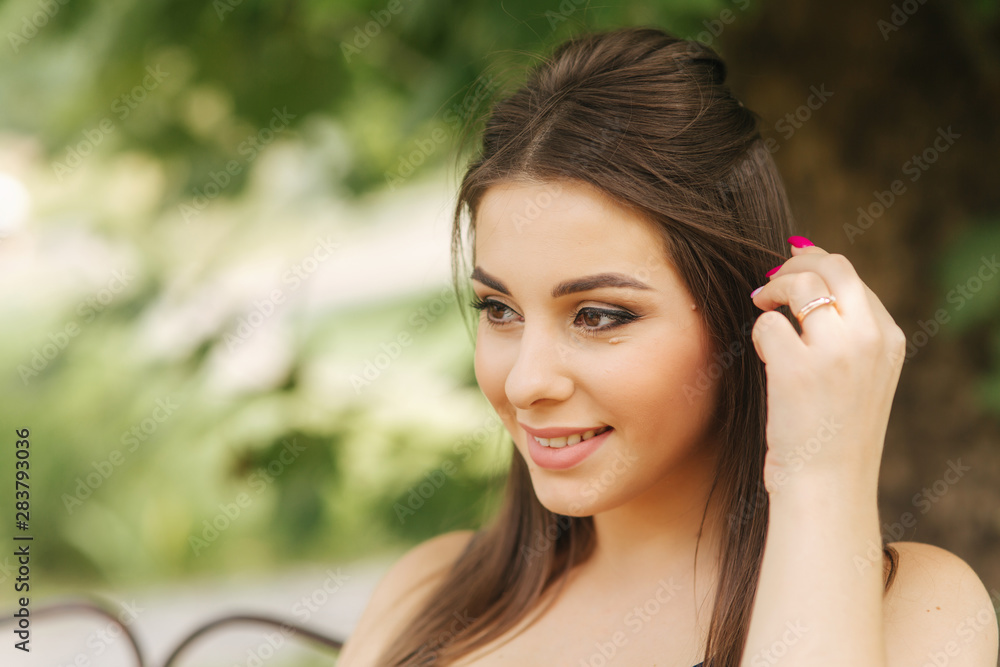 Closeup portrait of beautiful woman. Happy lady smile and rejoiced. Nude makeup Closeup portrait of beautiful woman. Happy lady smile and rejoiced. Nude makeup