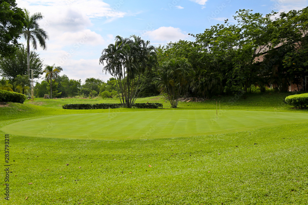 Obraz premium Landscape of a green golf field with trees and a bright blue sky