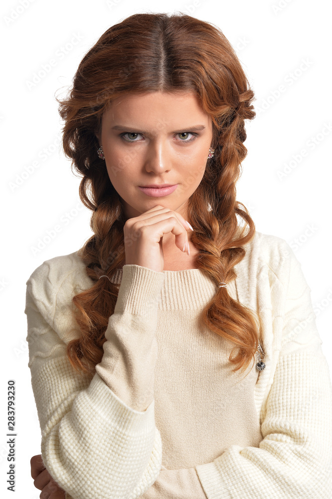 Beautiful woman with braids posing isolated on white Beautiful woman with braids posing isolated on white