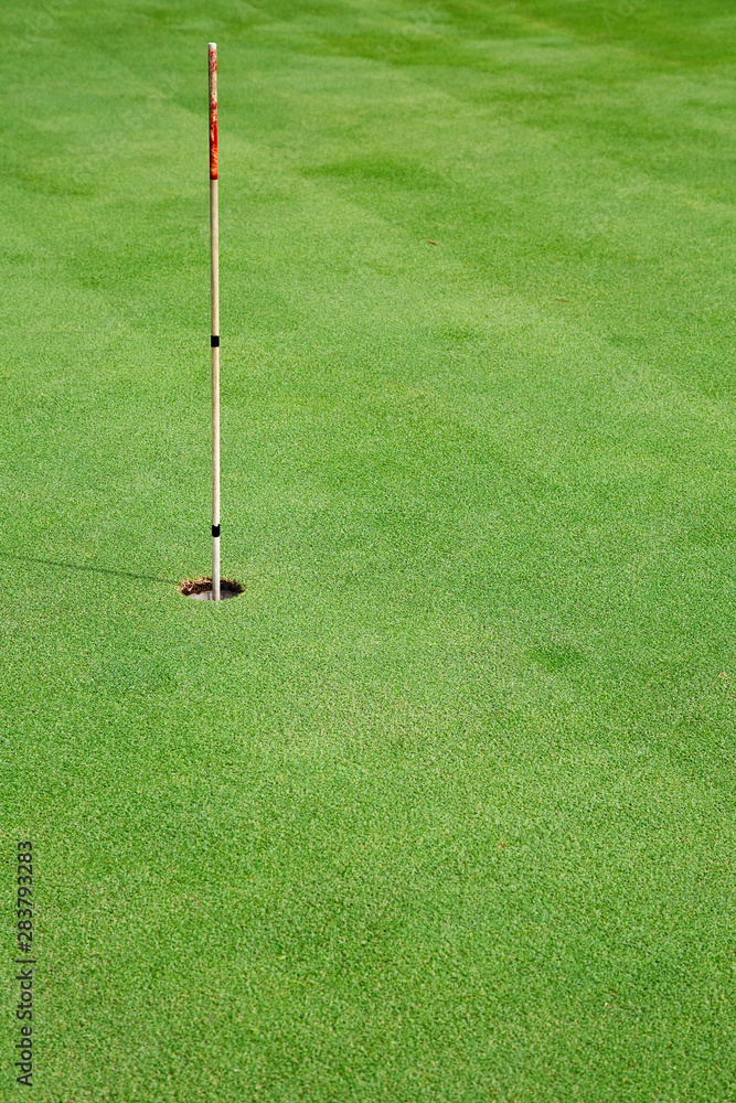 Obraz premium Golf hole in a green grass field background
