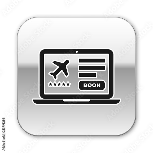 Black Laptop with electronic boarding pass airline ticket icon isolated on white background. Passenger plane mobile ticket for web and app. Silver square button. Vector Illustration