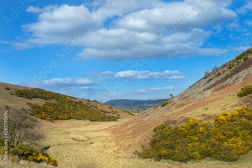 Landscape of the valley with river and footbridge around Lauder in  Lammermuir Hills, Scottish Border, Scotland. Uk