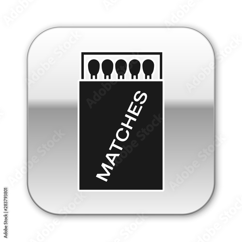 Black Open matchbox and matches icon isolated on white background. Silver square button. Vector Illustration