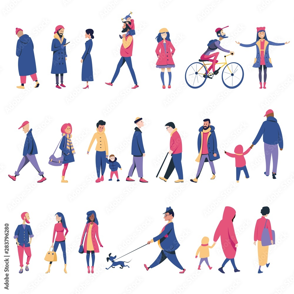 A crowd of people walking with children or dogs, riding bicycles, standing. Cartoon of men and women walking outdoors on a city street. Flat colorful vector illustration.