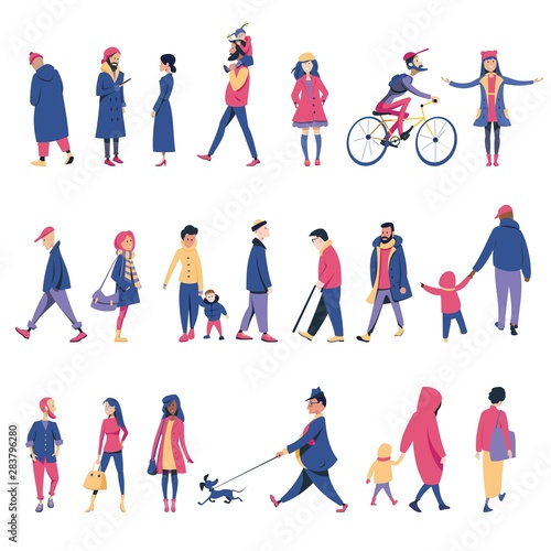 A crowd of people walking with children or dogs, riding bicycles, standing. Cartoon of men and women walking outdoors on a city street. Flat colorful vector illustration.