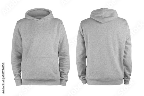 Men's grey blank hoodie template,from two sides, natural shape on invisible mannequin, for your design mockup for print, isolated on white background