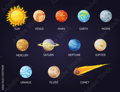 Solar system set of cartoon planets. Planets of the solar system solar system with names. Vector illustration in a flat style Isolated on a background for labels, logo, wallpapers, web, mobile.