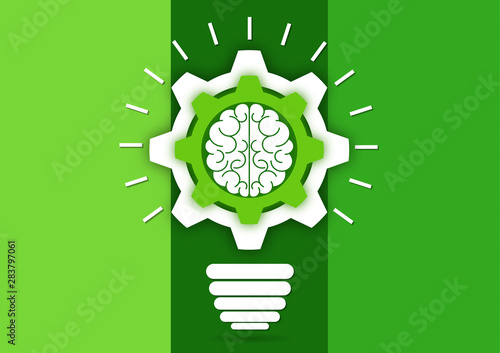 Creative light bulb with gears and brain working together. Brainstorming, intellectual power, a new concept of innovative ideas.