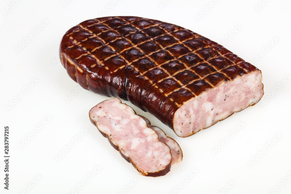 Tasty meat sausages over white background Tasty meat sausages over white background