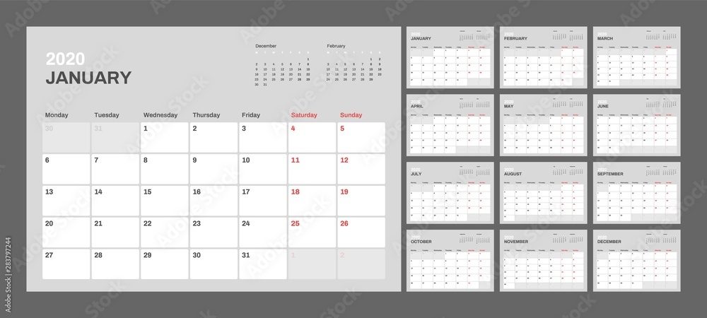 Wall calendar for 2020 year in clean minimal style. Week Starts on Monday. Set of 12 Months. Wall calendar for 2020 year in clean minimal style. Week Starts on Monday. Set of 12 Months.