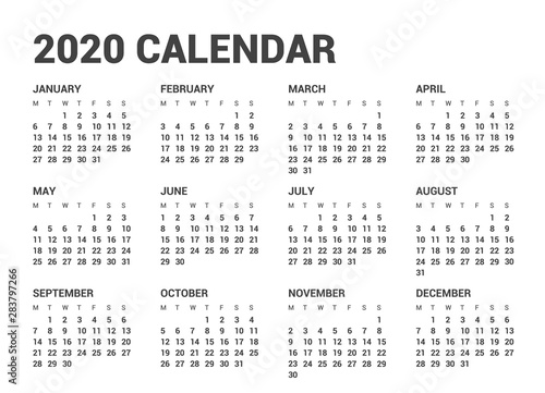 Calendar for 2020 year in clean minimal style. Week Starts on Monday.