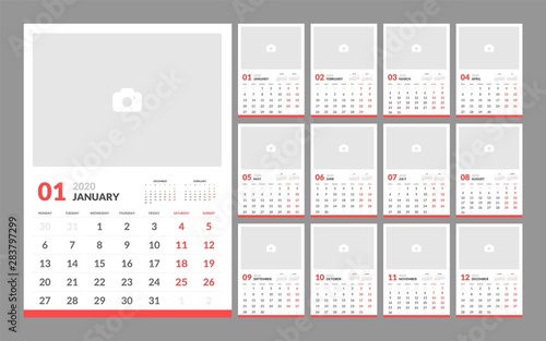 Wall calendar for 2020 year in minimal style with Place for Photo. Week Starts on Monday. Set of 12 Months.