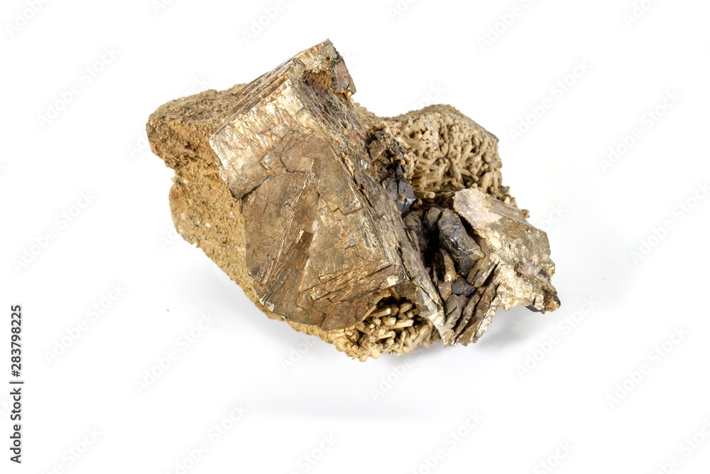 Macro mineral pyrite stone white background Macro mineral pyrite stone white background