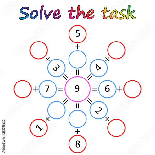 Worksheet. Mathematical puzzle game. Learning mathematics, tasks for addition  for preschool  children. worksheet for preschool kids - vector
