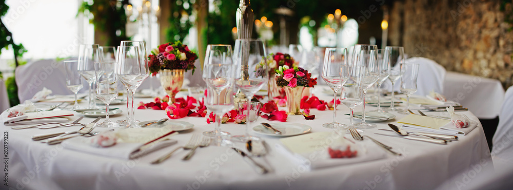 wedding - decorated table at luxury event - obrazy, fototapety, plakaty 