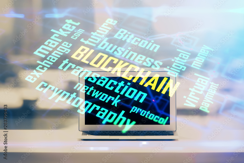 Double exposure of blockchain and crypto economy theme hologram and table with computer background. Concept of bitcoin cryptocurrency. Double exposure of blockchain and crypto economy theme hologram and table with computer background. Concept of bitcoin cryptocurrency.