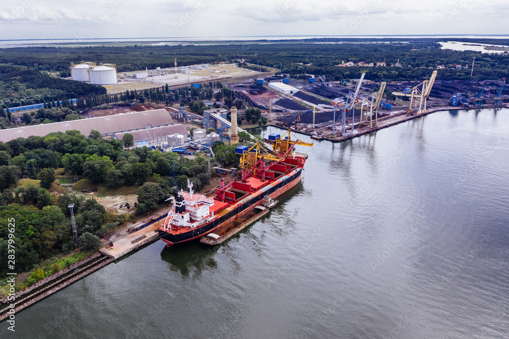 Aeial drone photography of a logistics/cargo shipyard. Swinoujscie,  Poland. 