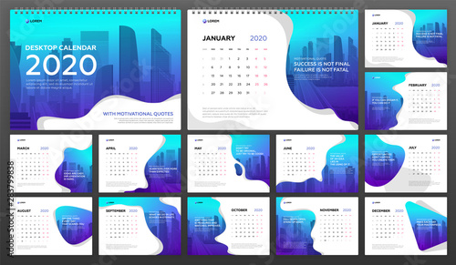 Desk Calendar 2020 template business. Week starts on Monday. Set of 12 calendar pages designs print layout. Wall calendar planner templates.