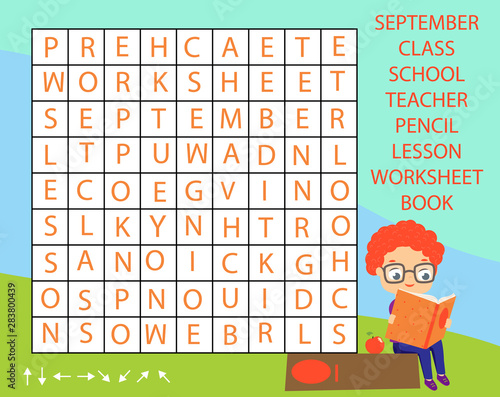 Educational game for children. Word search puzzle kids activity. Back to school theme learning vocabulary.