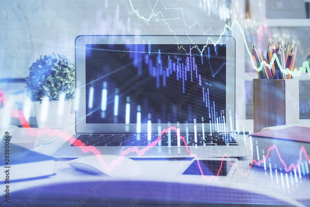 Stock market graph on background with desk and personal computer. Multi exposure. Concept of financial analysis. Stock market graph on background with desk and personal computer. Multi exposure. Concept of financial analysis.