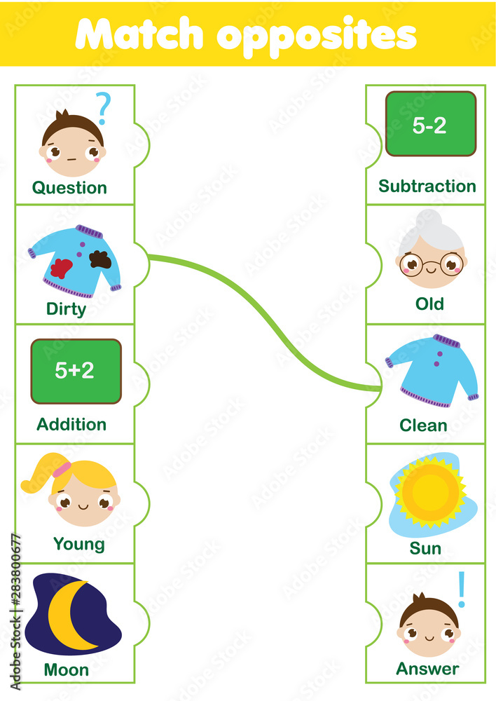 Matching game. Educational children activity. match opposites. Activity for pre scholl years kids and toddlers Matching game. Educational children activity. match opposites. Activity for pre scholl years kids and toddlers