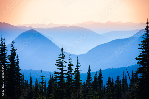 Hazy scenic view of mountain ranges in Mt. Rainier National Park.