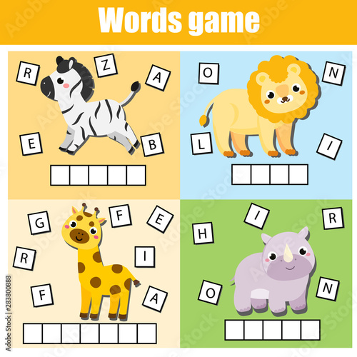 African animals. Write missing letters and complete words. Crossword for kids and toddlers. Educational children game.