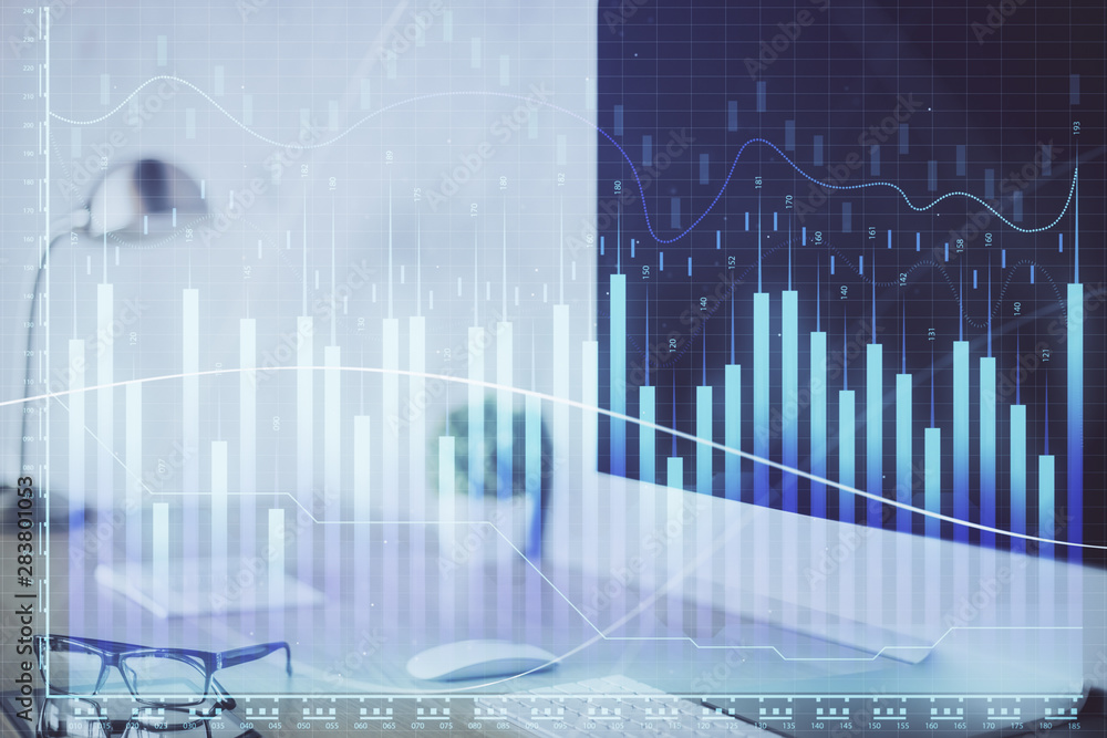 Forex graph hologram on table with computer background. Multi exposure. Concept of financial markets. Forex graph hologram on table with computer background. Multi exposure. Concept of financial markets.