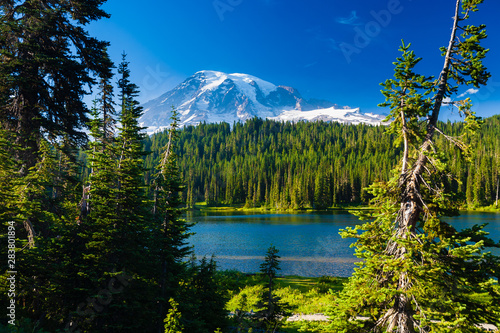 Overlooking a lake and a forest of pine trees with Mt. Rainier looming in the distance at Mt. Rainier National Park. © Don Landwehrle