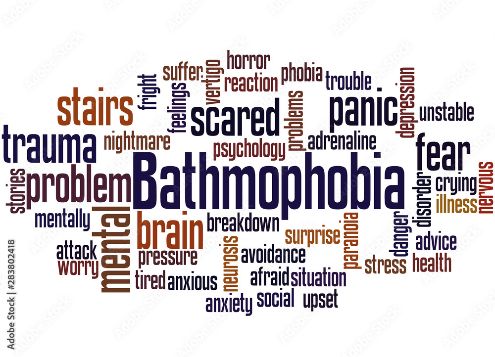 Bathmophobia fear of stairs or steep slopes word cloud concept Bathmophobia fear of stairs or steep slopes word cloud concept
