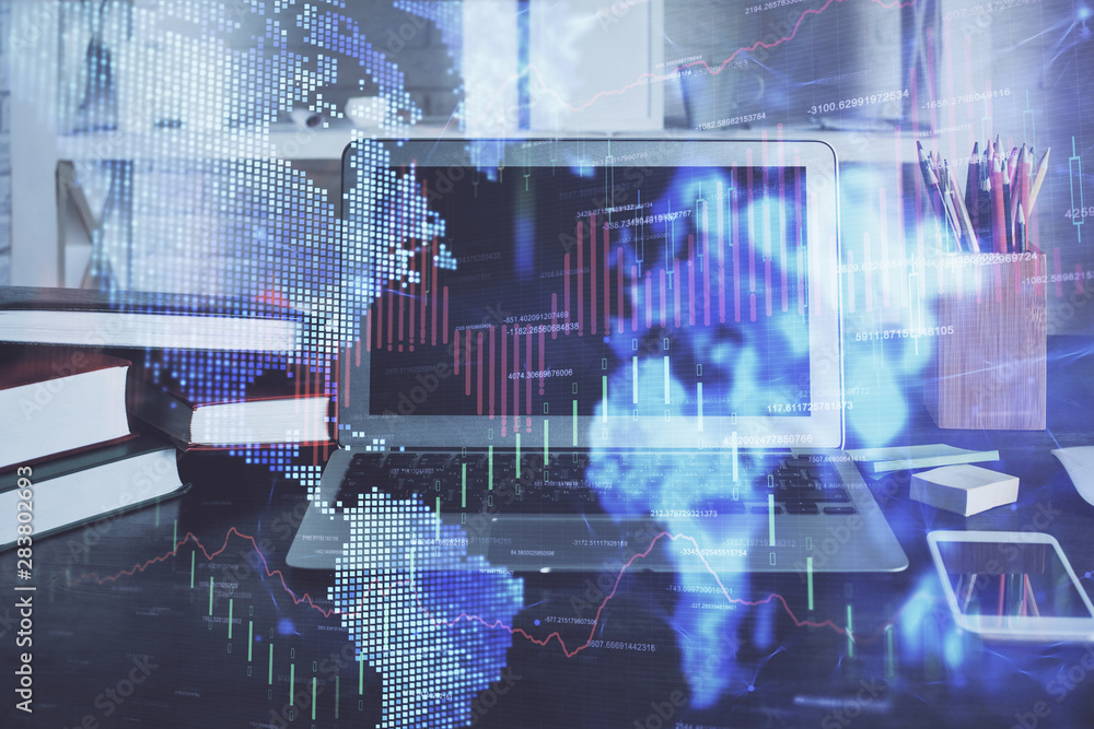 Stock market graph and table with computer background. Multi exposure. Concept of financial analysis. Stock market graph and table with computer background. Multi exposure. Concept of financial analysis.