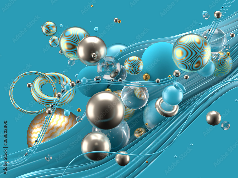Obraz premium Beautiful abstract background with volume elements, balls, texture, lines. 3d illustration, 3d rendering.