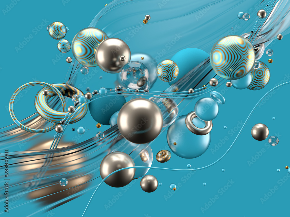 Obraz premium Beautiful abstract background with volume elements, balls, texture, lines. 3d illustration, 3d rendering.