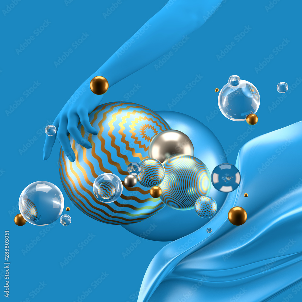 Beautiful abstract background with volume elements, balls, texture, lines. 3d illustration, 3d rendering.