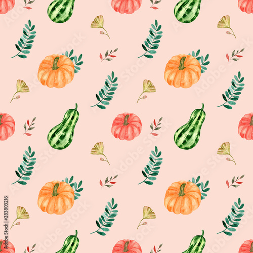 Watercolor pattern with autumn orange pumpkin  gray  green branches leaves. Organic vegetable garden food. It is perfect for thanksgiving cards or wrapping paper  halloween design  recipe or menu.