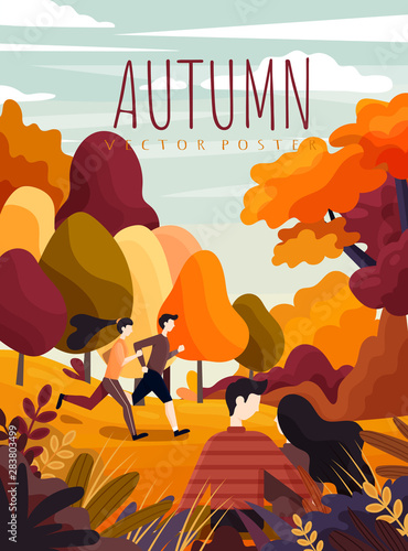 People jogging and enjoying a walk in a park in autumn with colorful leaves on the trees in a cartoon vector poster design of the seasons.