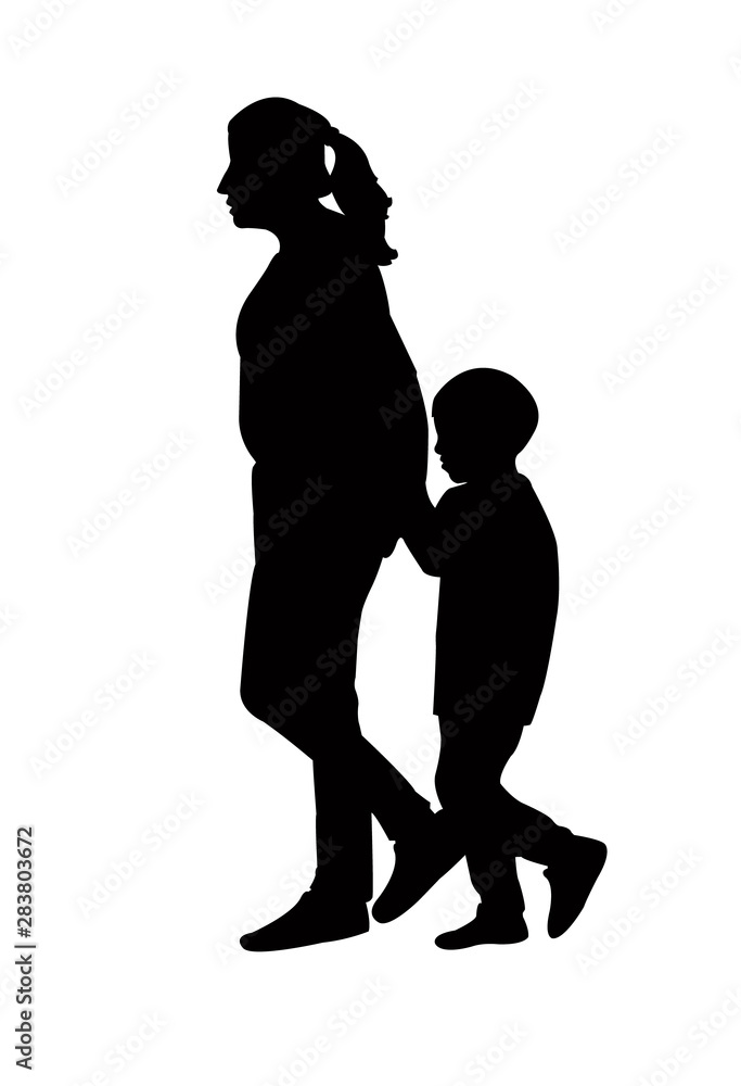 woman and son walking silhouette vector