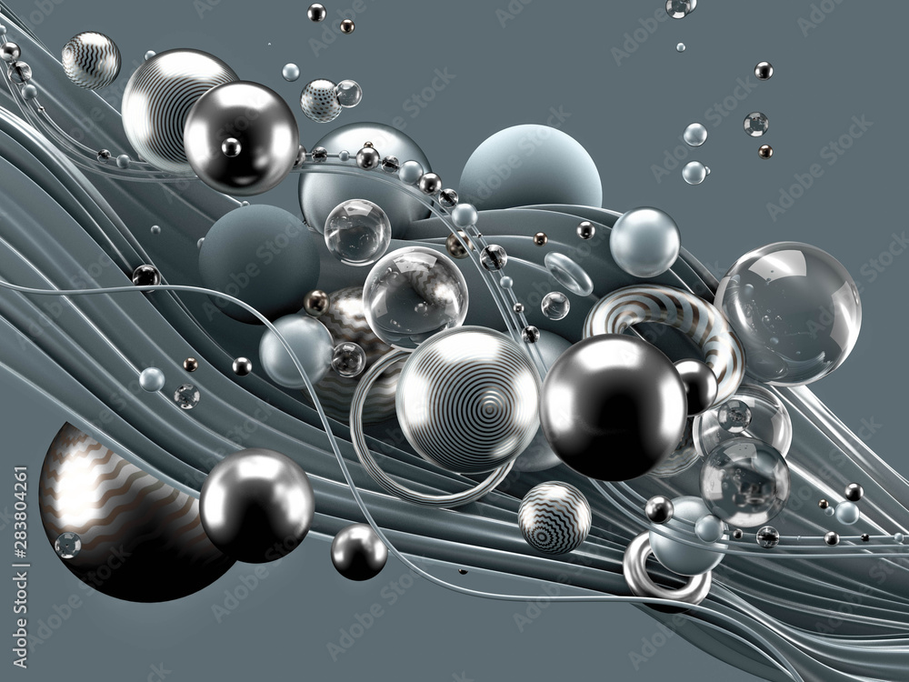 Obraz premium Beautiful abstract background with volume elements, balls, texture, lines. 3d illustration, 3d rendering.