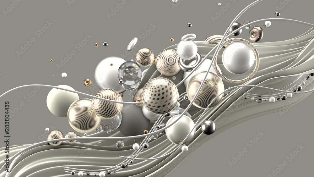 Obraz premium Beautiful abstract background with volume elements, balls, texture, lines. 3d illustration, 3d rendering.