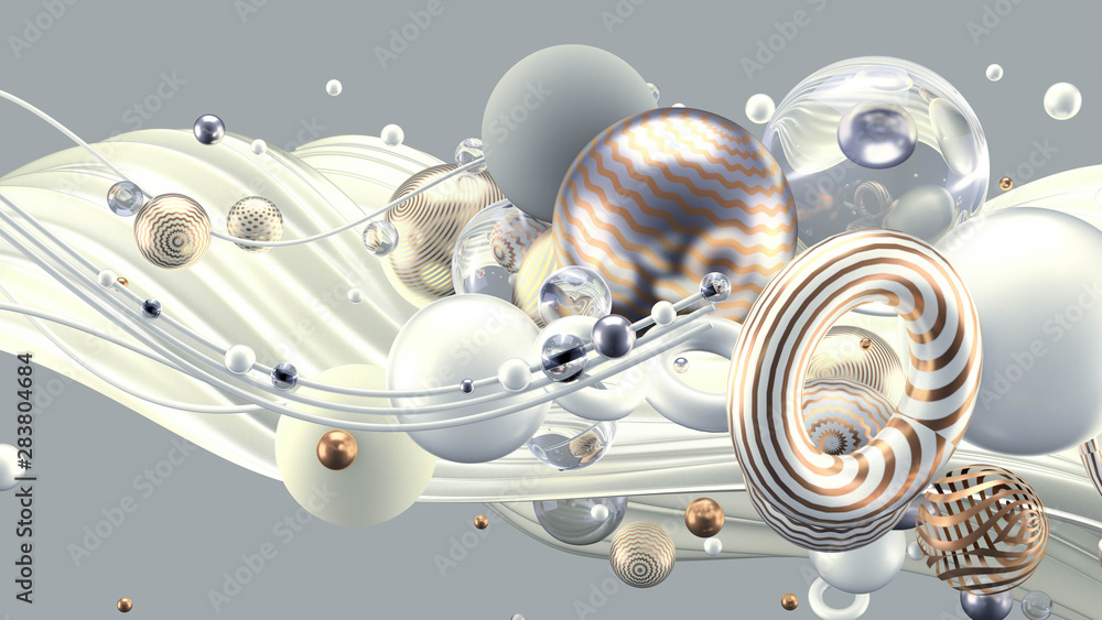 Fototapeta premium Beautiful abstract background with volume elements, balls, texture, lines. 3d illustration, 3d rendering.