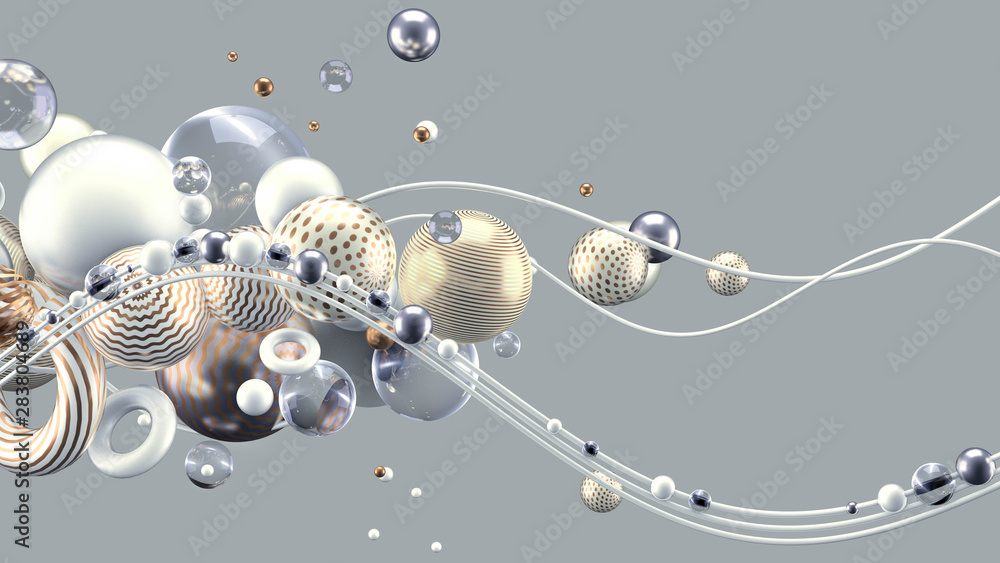 Obraz premium Beautiful abstract background with volume elements, balls, texture, lines. 3d illustration, 3d rendering.