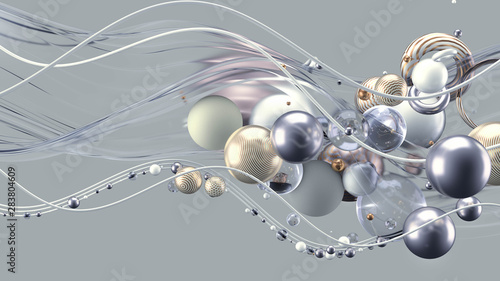 Beautiful abstract background with volume elements  balls  texture  lines. 3d illustration  3d rendering.