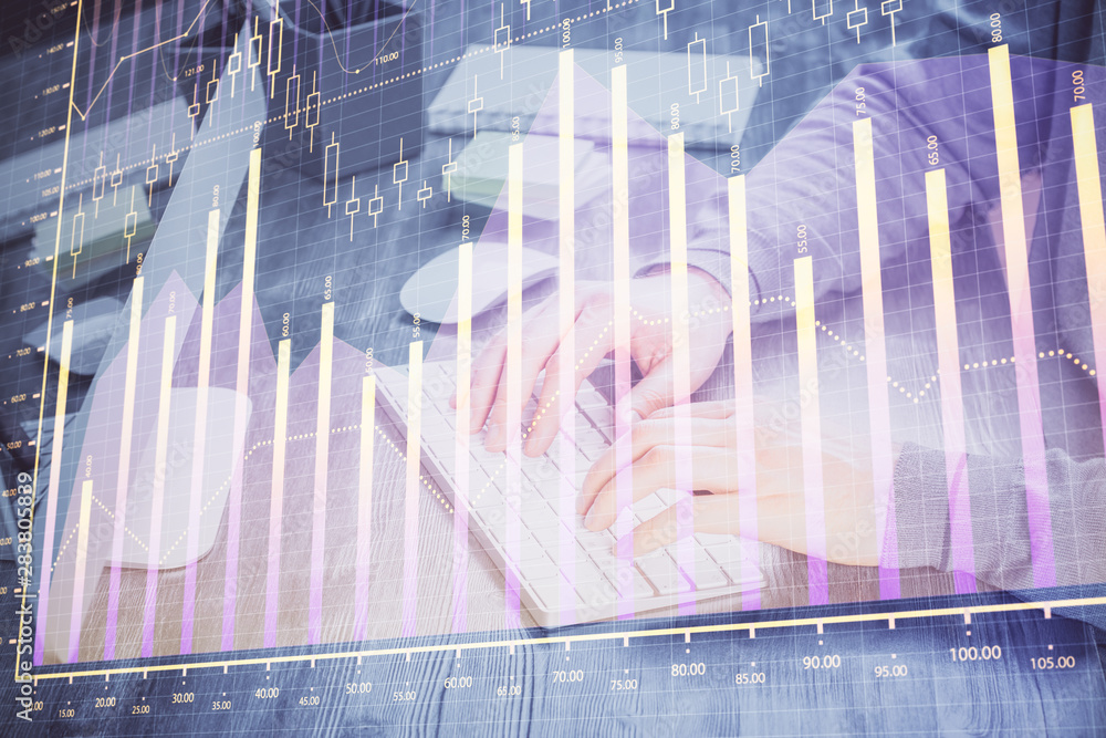 Double exposure of financial graph with man works in office on background. Concept of analysis. Double exposure of financial graph with man works in office on background. Concept of analysis.
